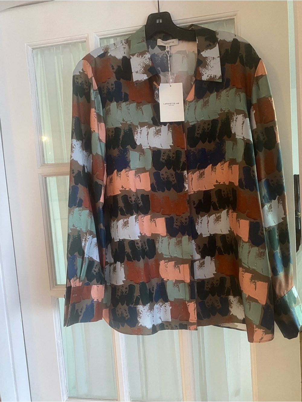 Lafayette 148 New York Brushstroke Print Button-Down Shirt in Green, Navy & Rust